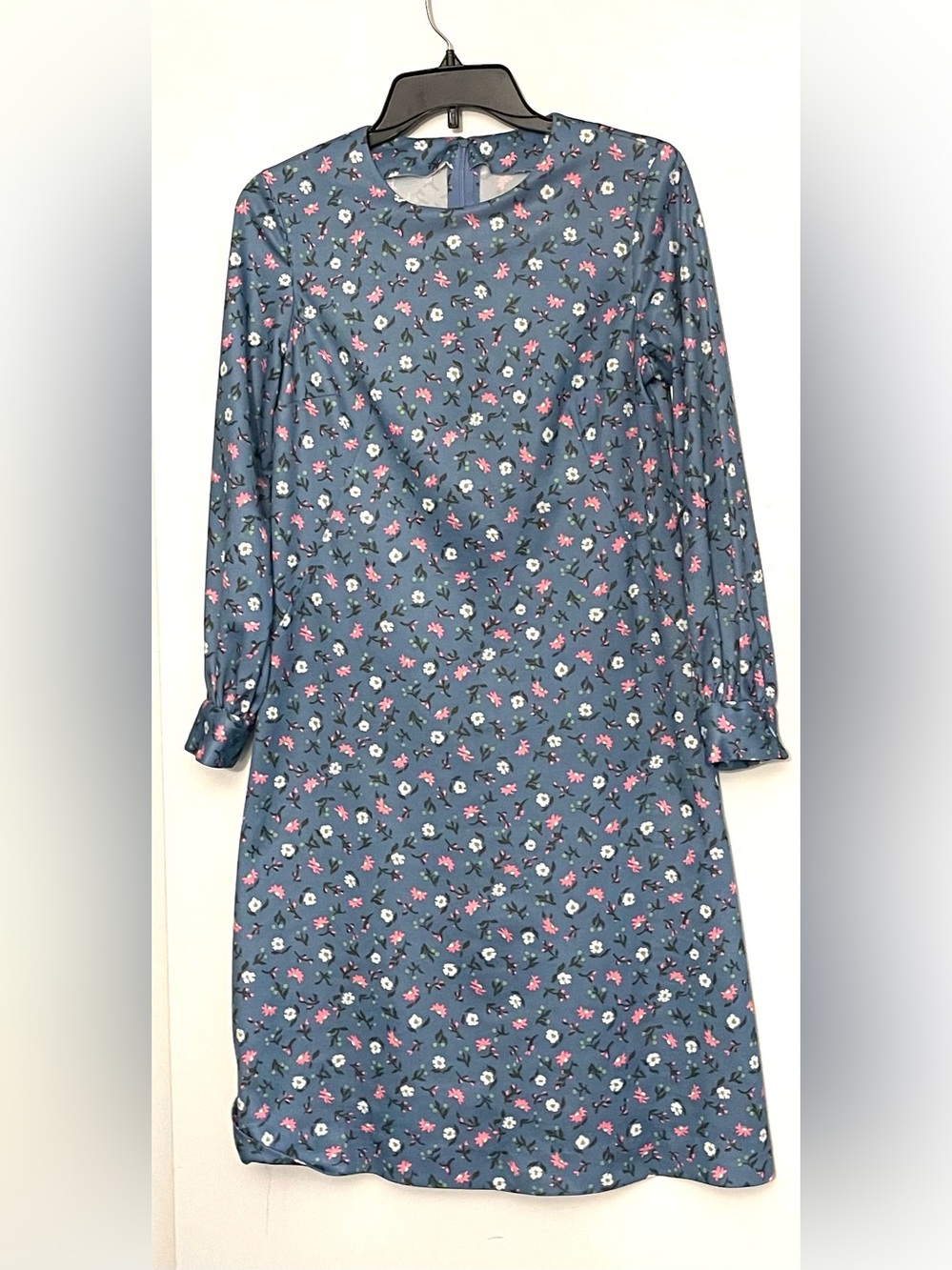 Blue Floral Long Sleeve Shift Dress Vintage. Small
